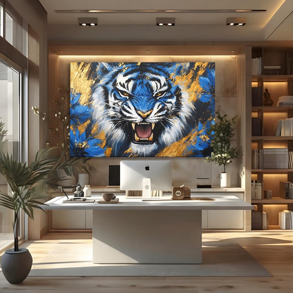 Tablou canvas cu tablou canvas cu tigru albastru si flori, fara rama, pe sasiu de lemn, pe perete intr-un birou